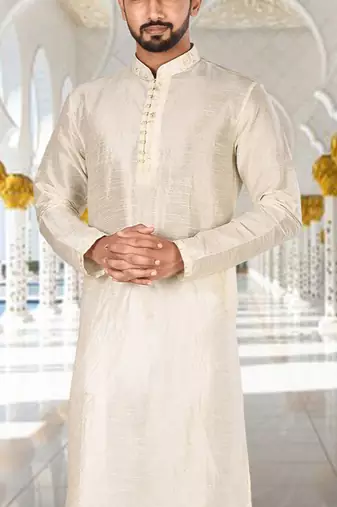 Off white dupion art silk kurta with  computerised embroidery machine work