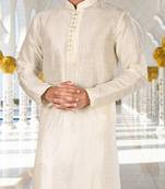 Off white dupion art silk kurta with  computerised embroidery machine work