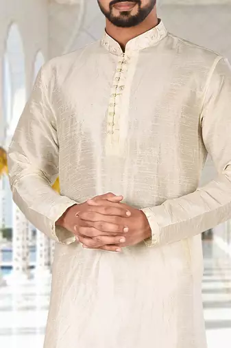 Off white dupion art silk kurta with  computerised embroidery machine work