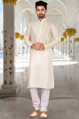 Off white dupion art silk kurta with  computerised embroidery machine work