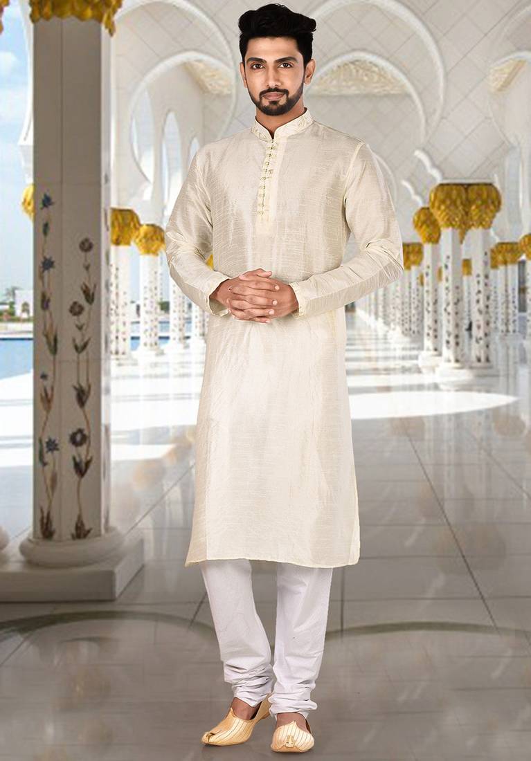 Off white dupion art silk kurta with  computerised embroidery machine work