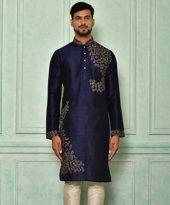 Navy blue dupion art silk kurta with  computerised embroidery machine work 1