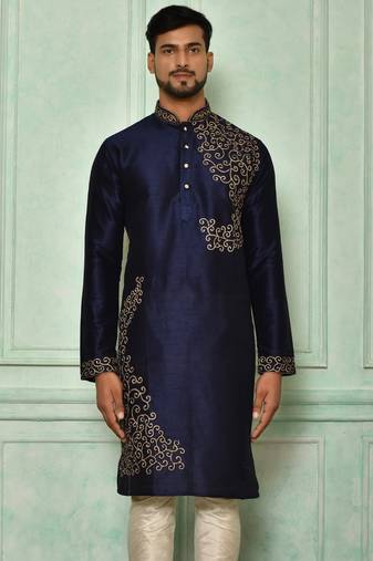 Navy blue dupion art silk kurta with  computerised embroidery machine work