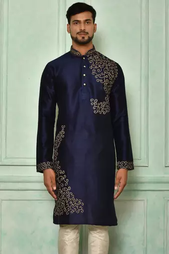 Navy blue dupion art silk kurta with  computerised embroidery machine work
