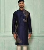 Navy blue dupion art silk kurta with  computerised embroidery machine work