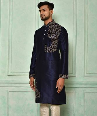 Navy blue dupion art silk kurta with  computerised embroidery machine work 2