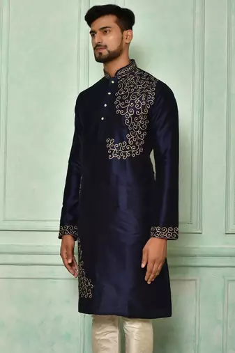 Navy blue dupion art silk kurta with  computerised embroidery machine work