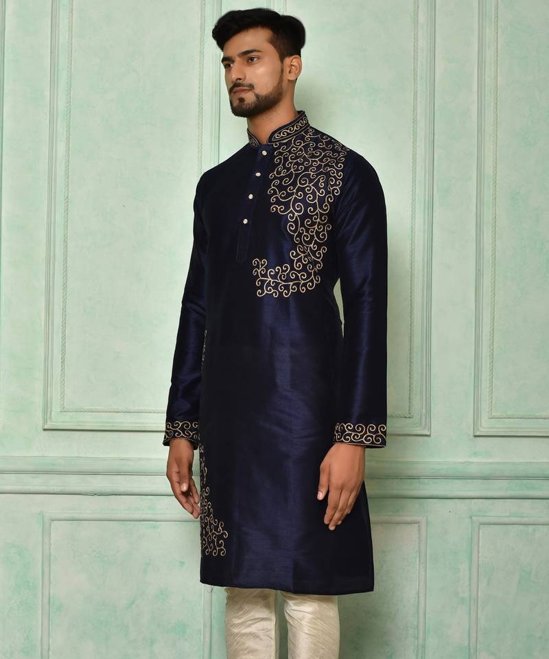 Navy blue dupion art silk kurta with  computerised embroidery machine work