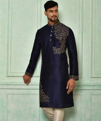 Navy blue dupion art silk kurta with  computerised embroidery machine work 3
