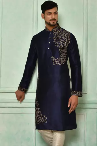Navy blue dupion art silk kurta with  computerised embroidery machine work