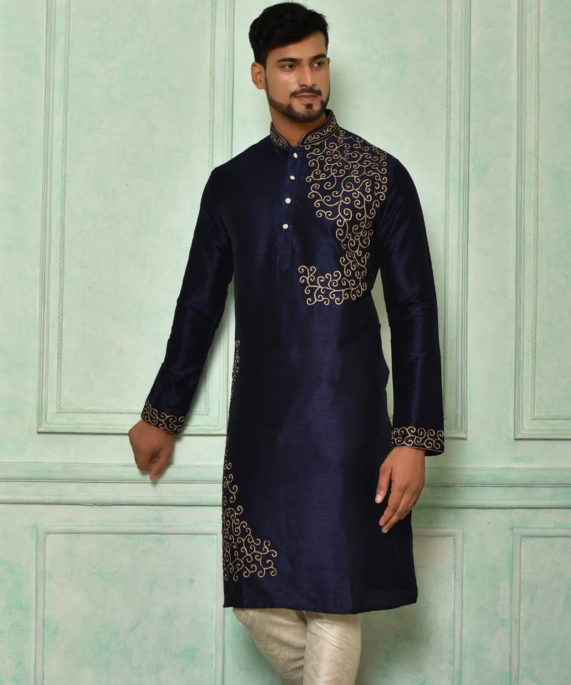 Navy blue dupion art silk kurta with  computerised embroidery machine work