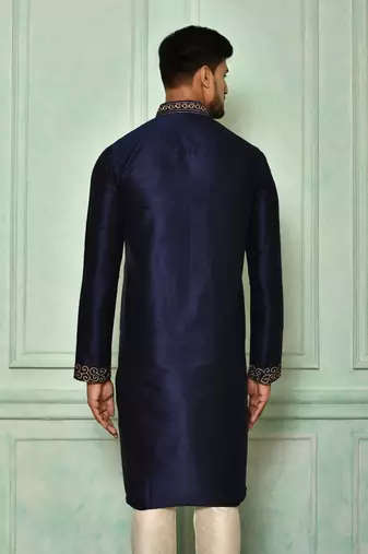 Navy blue dupion art silk kurta with  computerised embroidery machine work