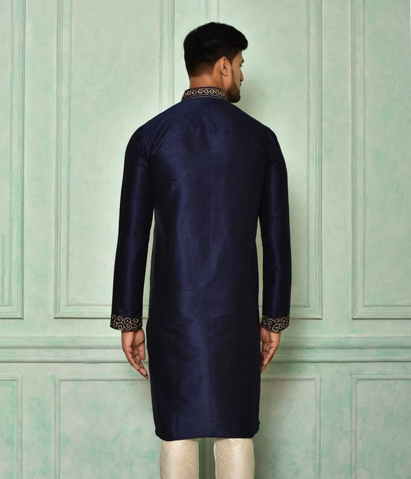 Navy blue dupion art silk kurta with  computerised embroidery machine work
