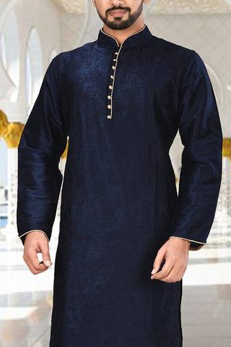 Navy blue dupion art silk kurta with  computerised embroidery machine work