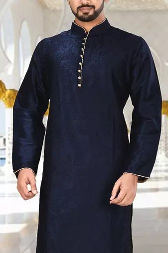 Navy blue dupion art silk kurta with  computerised embroidery machine work