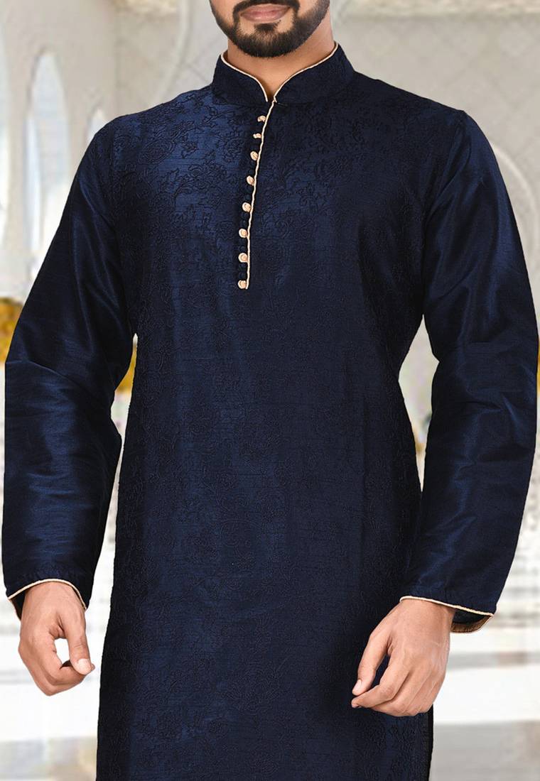 Navy blue dupion art silk kurta with  computerised embroidery machine work