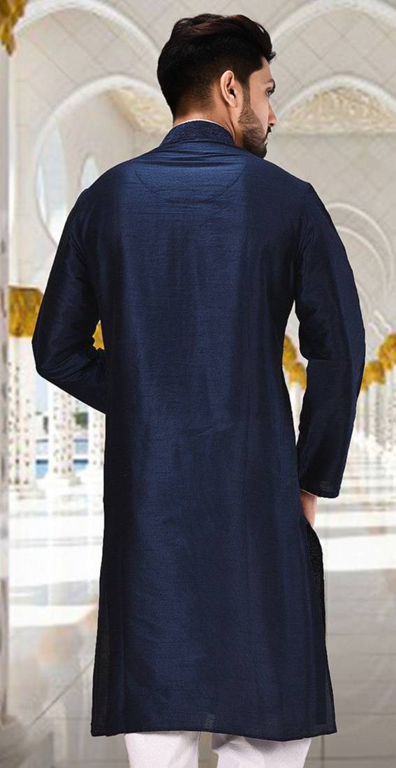 Navy blue dupion art silk kurta with  computerised embroidery machine work