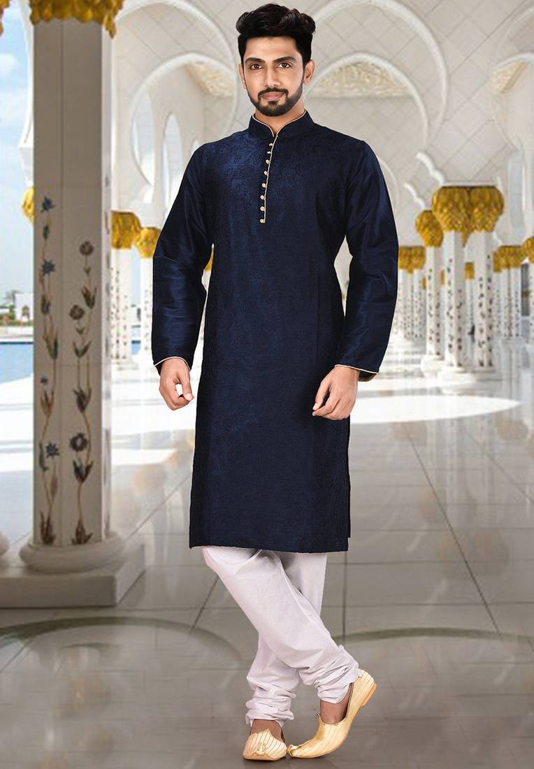Navy blue dupion art silk kurta with  computerised embroidery machine work