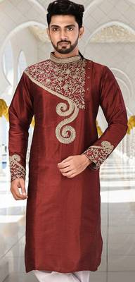 Red dupion art silk kurta with  computerised embroidery machine work 1