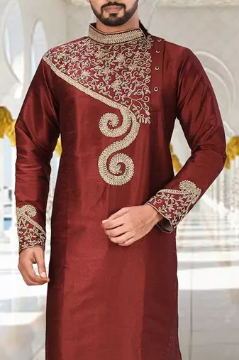 Red dupion art silk kurta with  computerised embroidery machine work