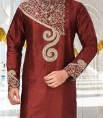 Red dupion art silk kurta with  computerised embroidery machine work
