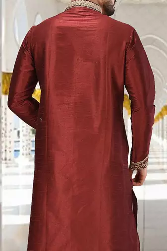 Red dupion art silk kurta with  computerised embroidery machine work
