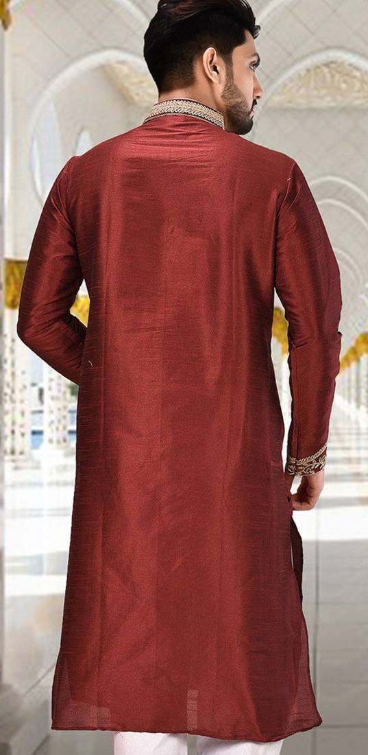 Red dupion art silk kurta with  computerised embroidery machine work