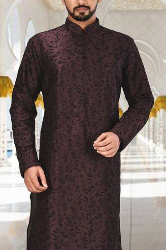 Wine dupion art silk kurta with  computerised embroidery machine work