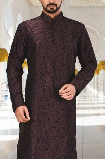Wine dupion art silk kurta with  computerised embroidery machine work