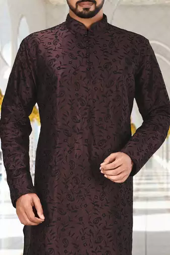 Wine dupion art silk kurta with  computerised embroidery machine work