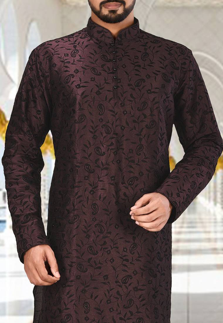 Wine dupion art silk kurta with  computerised embroidery machine work