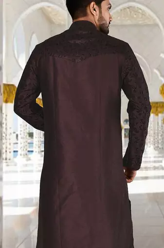 Wine dupion art silk kurta with  computerised embroidery machine work