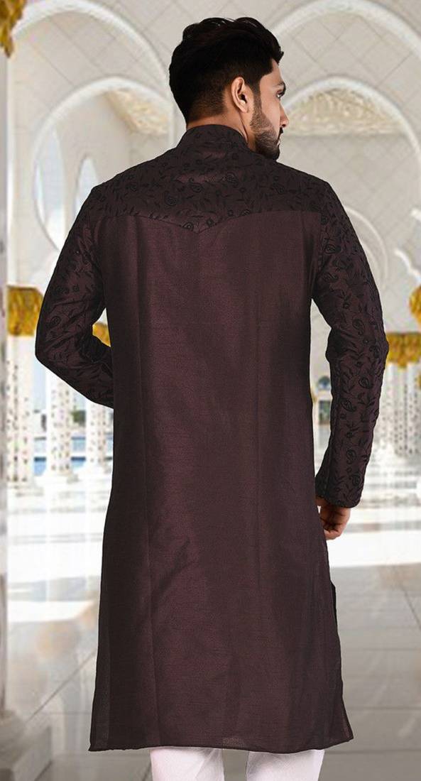 Wine dupion art silk kurta with  computerised embroidery machine work