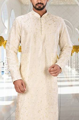 White dupion art silk kurta with  computerised embroidery machine work