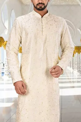 White dupion art silk kurta with  computerised embroidery machine work