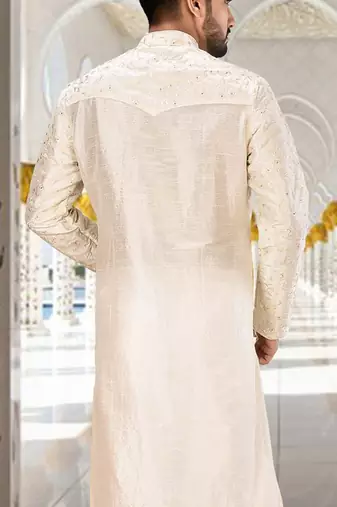 White dupion art silk kurta with  computerised embroidery machine work