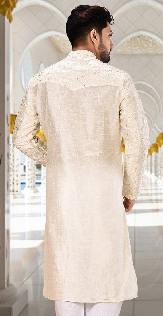 White dupion art silk kurta with  computerised embroidery machine work