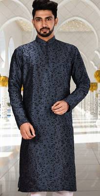 Navy blue dupion art silk kurta with  computerised embroidery machine work 1