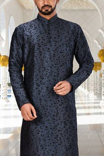 Navy blue dupion art silk kurta with  computerised embroidery machine work