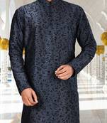 Navy blue dupion art silk kurta with  computerised embroidery machine work