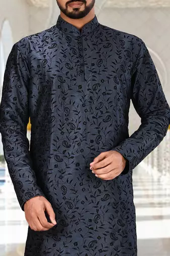 Navy blue dupion art silk kurta with  computerised embroidery machine work