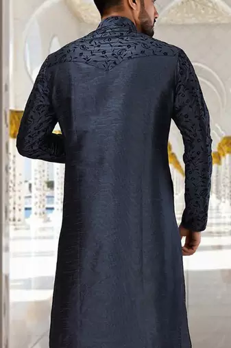 Navy blue dupion art silk kurta with  computerised embroidery machine work