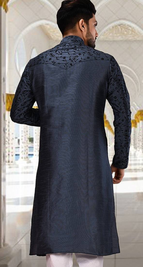 Navy blue dupion art silk kurta with  computerised embroidery machine work