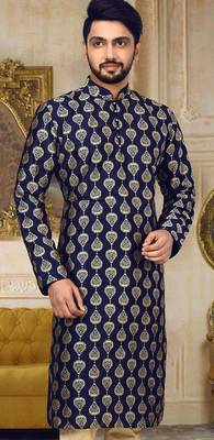Navy blue dupion art silk kurta with  computerised embroidery machine work 1