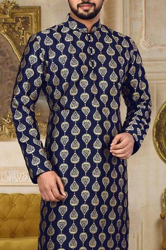 Navy blue dupion art silk kurta with  computerised embroidery machine work
