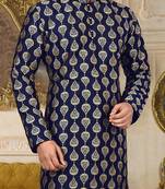 Navy blue dupion art silk kurta with  computerised embroidery machine work