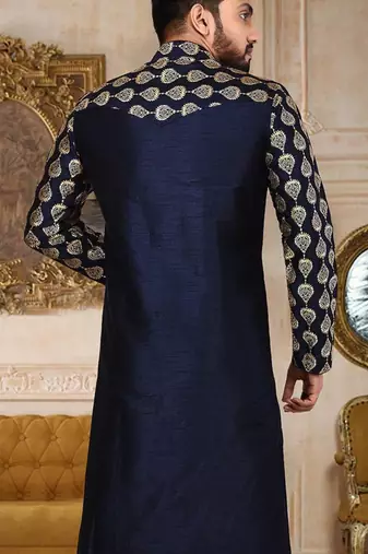 Navy blue dupion art silk kurta with  computerised embroidery machine work