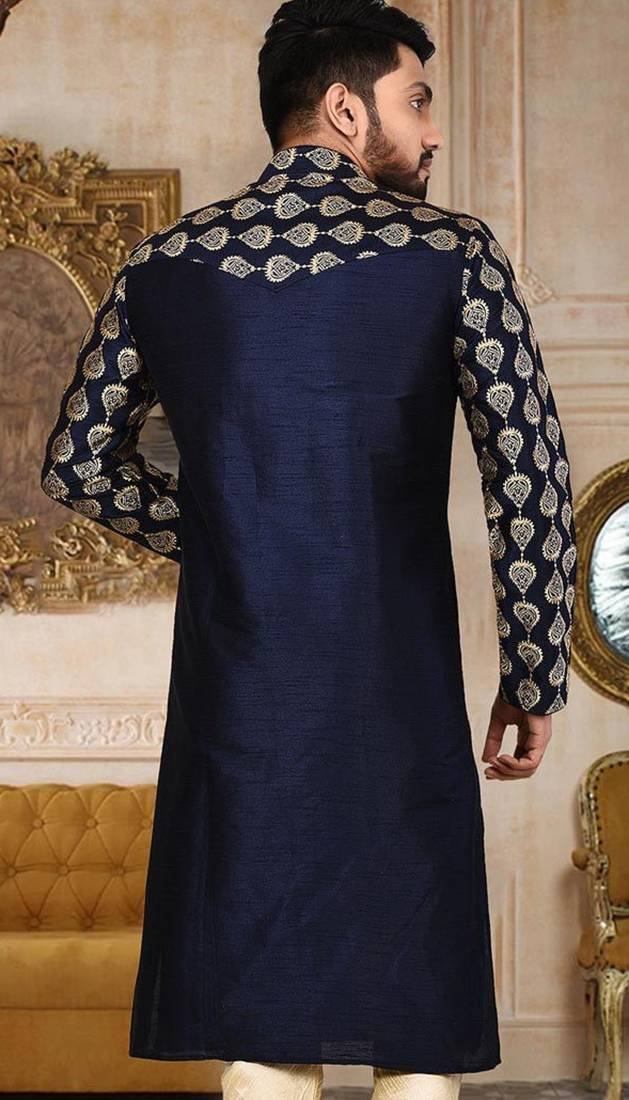 Navy blue dupion art silk kurta with  computerised embroidery machine work