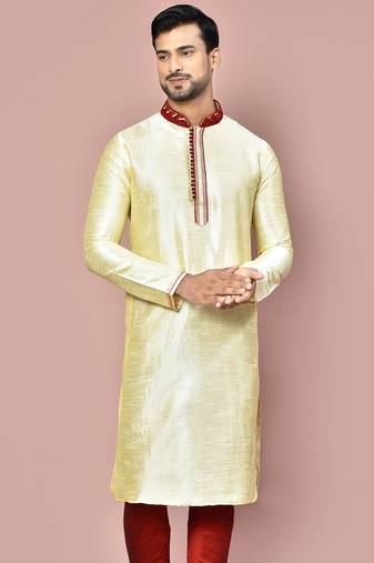 Fawn dupion art silk kurta with  computerised embroidery machine work