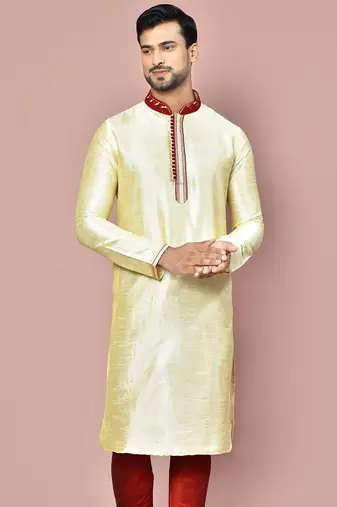 Fawn dupion art silk kurta with  computerised embroidery machine work